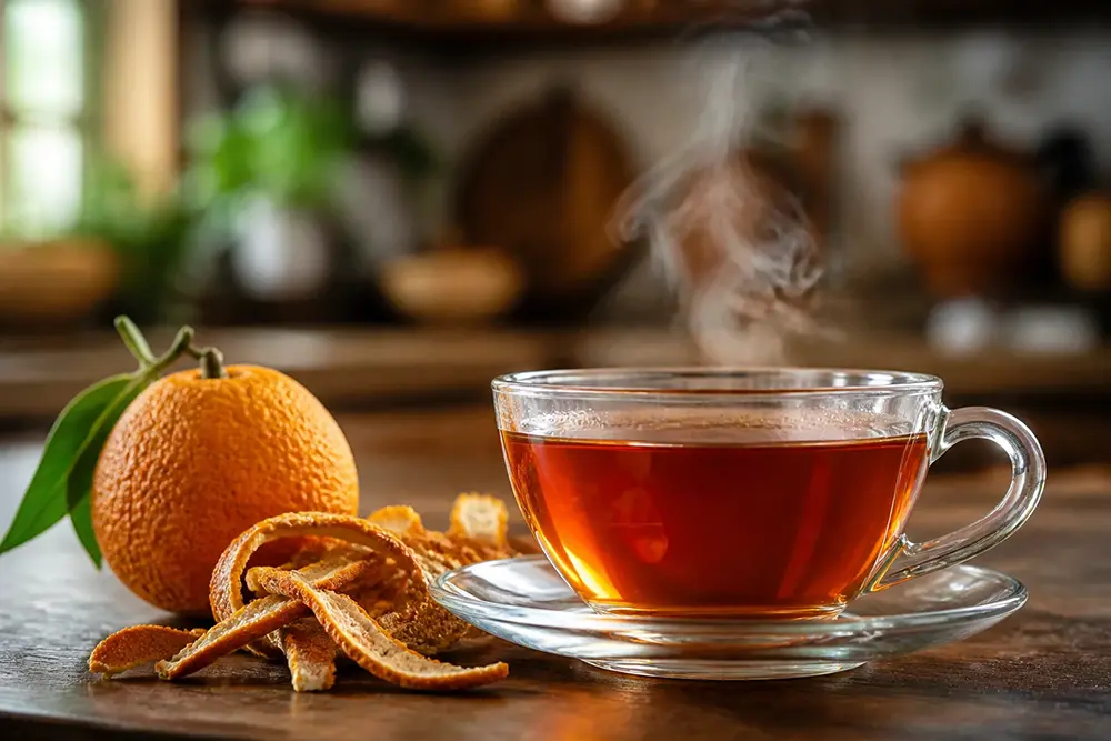 A glass cup of brewed black tea with orange aroma, steam rising softly, and citrus accents beside it