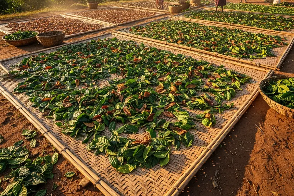 Coffee leaves drying in the sun on a bamboo mat during traditional processing