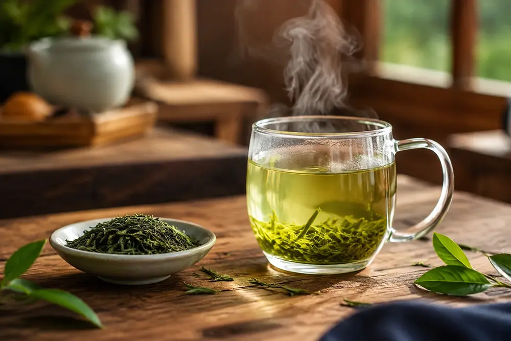 A photorealistic cup of tea on a wooden table with natural ingredients and warm daylight
