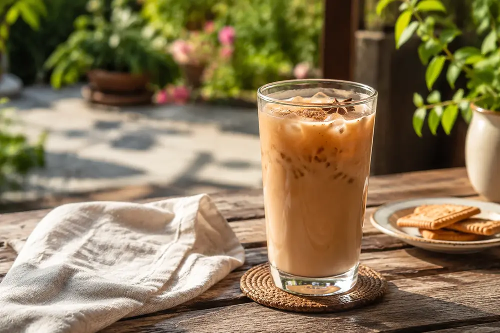 A refreshing iced chai latte served outdoors on a sunny day with natural light and a relaxing summer atmosphere