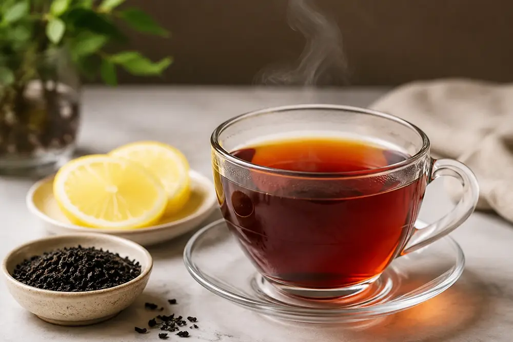 A cup of pure black tea served with lemon slices, illustrating its digestive benefits.