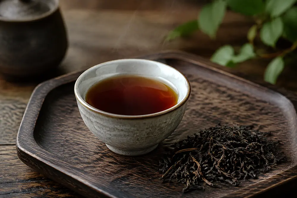 Photorealistic image of green tea and black tea cups on a tea tray with warm natural light.