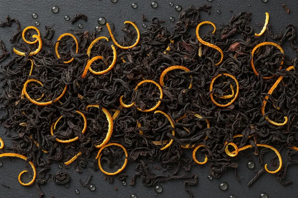 Black tea leaves combined with dried orange peel and natural citrus ingredients for a flavored tea blend