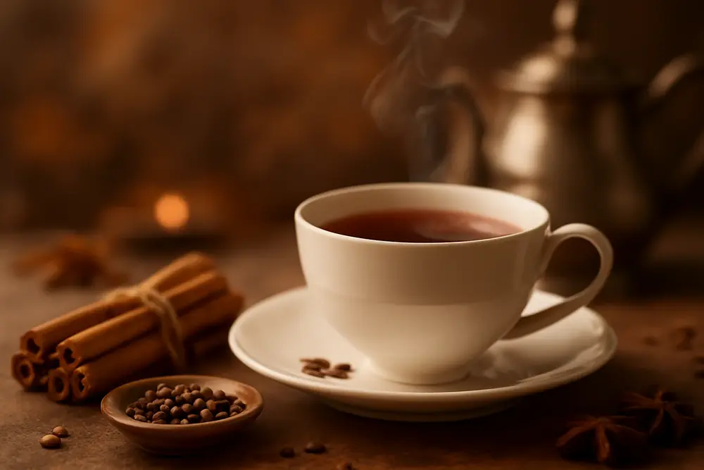 A warm cup of freshly brewed clove tea served for a cozy moment.