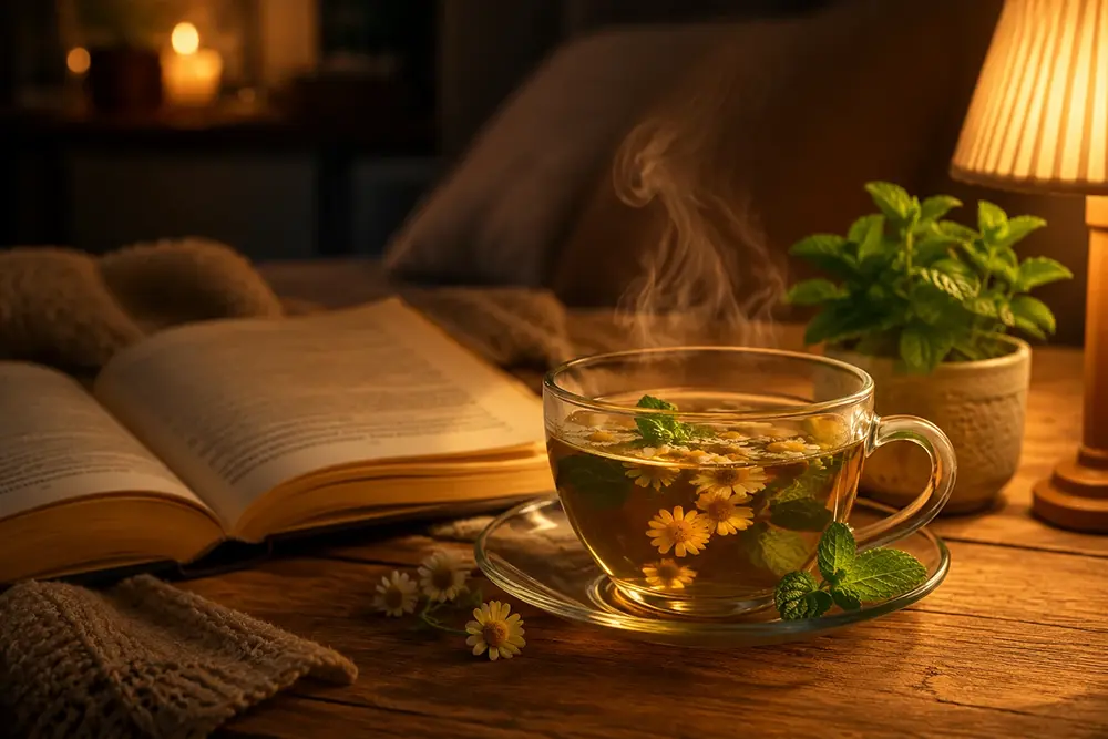 A relaxing evening cup of herbal tea that supports gentle digestion and relaxation.