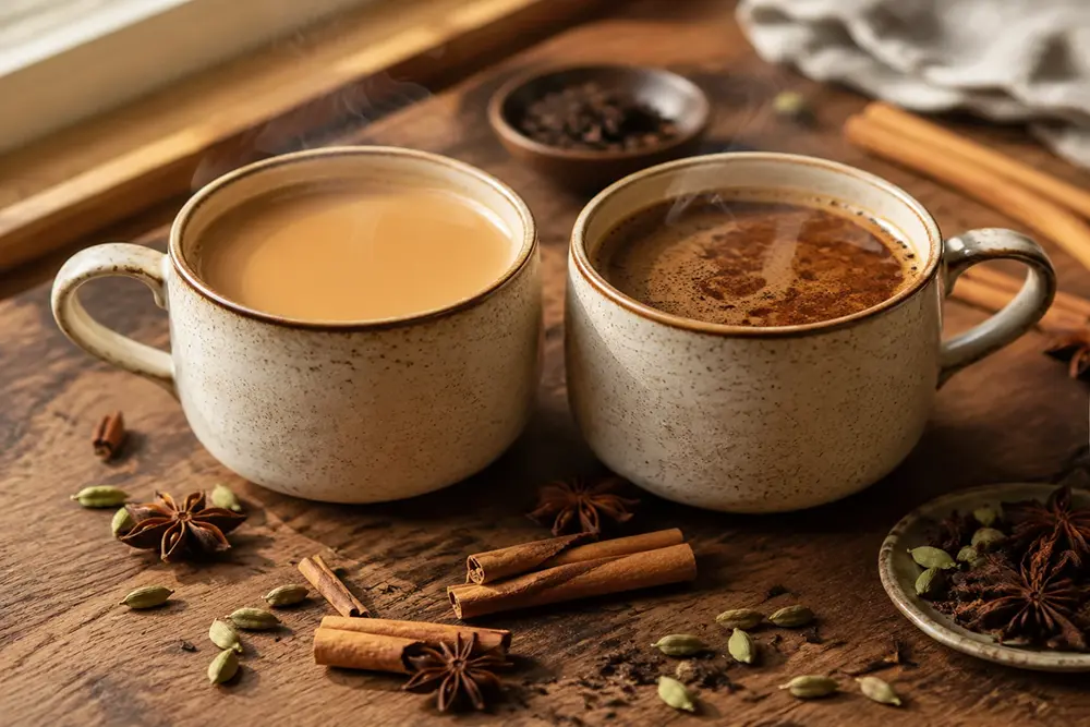 dirty chai and black tea latte side by side in identical cups, showing color and texture differences on a wooden table in natural light