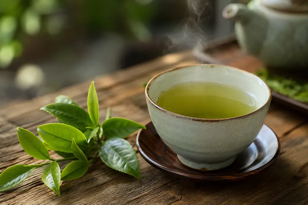 Realistic tea composition showing green tea and black tea with soft daylight and a traditional atmosphere.