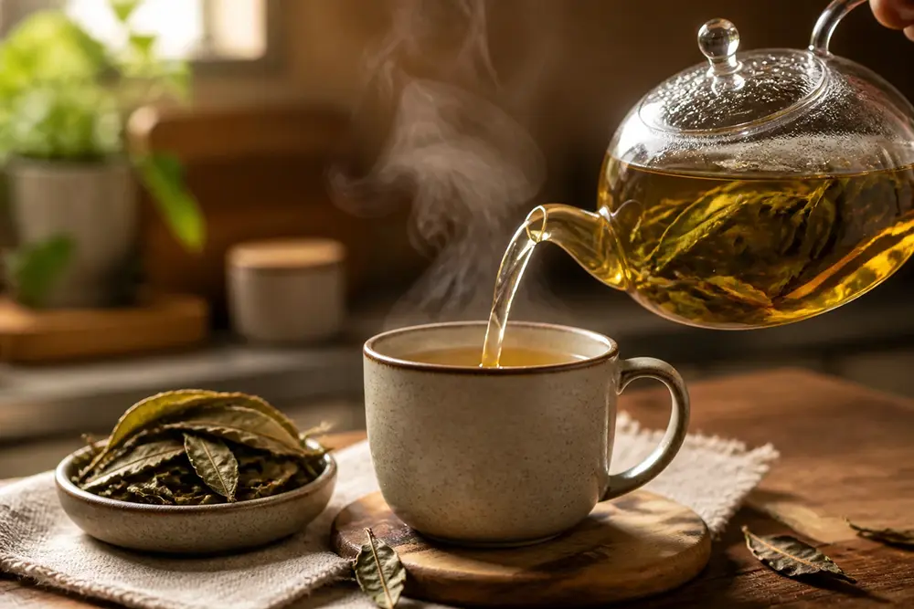 Pouring coffee leaf tea from a glass teapot into a ceramic cup