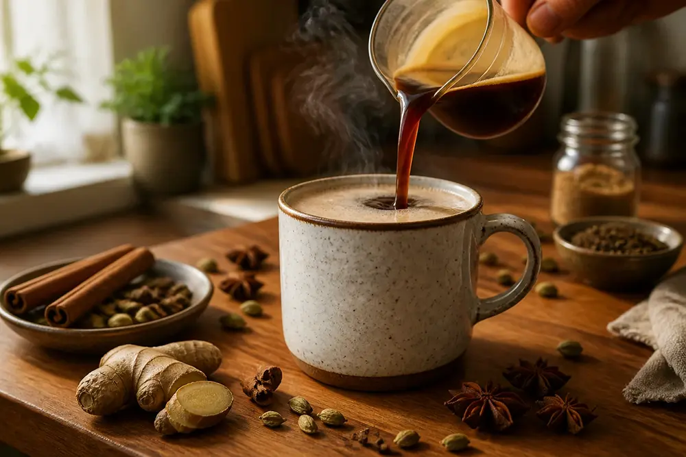 Close-up of a freshly prepared Dirty Chai Latte with spices and espresso