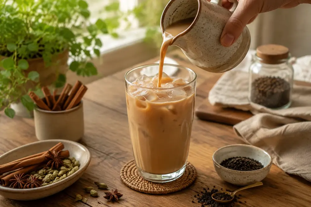 A photorealistic iced chai latte being prepared on a wooden kitchen table with natural daylight and soft background blur