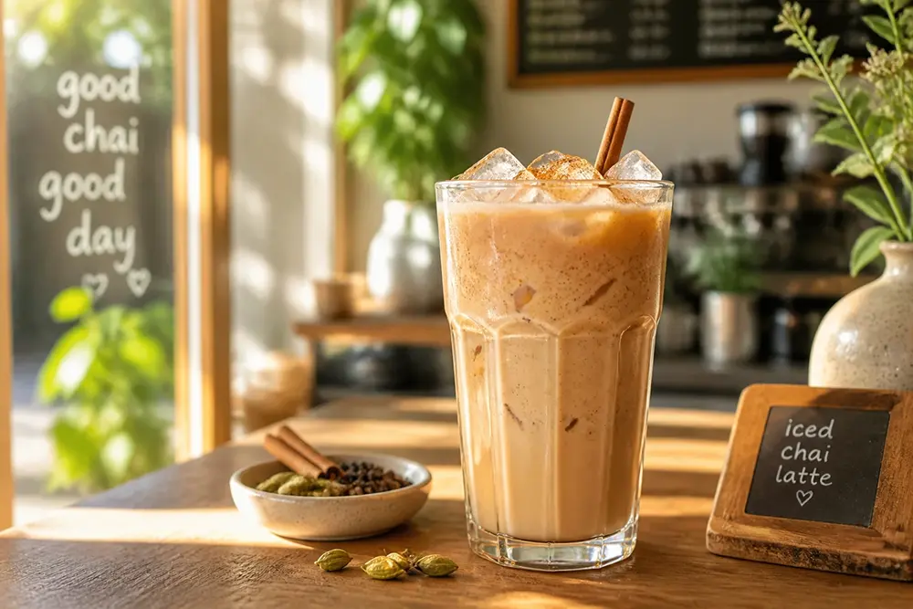 iced chai latte with spices and citrus garnish on a wooden table