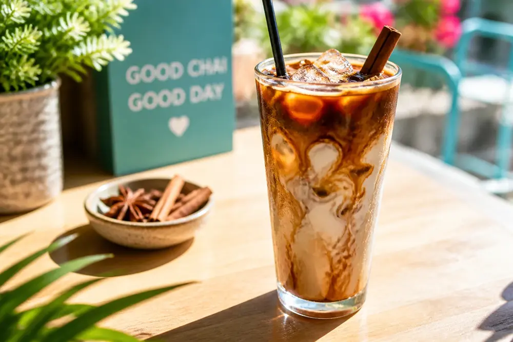 Iced Dirty Chai Latte garnished with spices and served with ice cubes on a sunny day