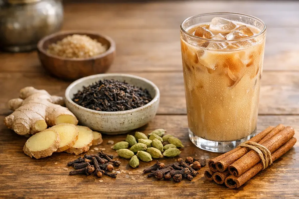 Photorealistic ingredients for iced chai latte including black tea, spices, milk, and ice on a natural wooden table