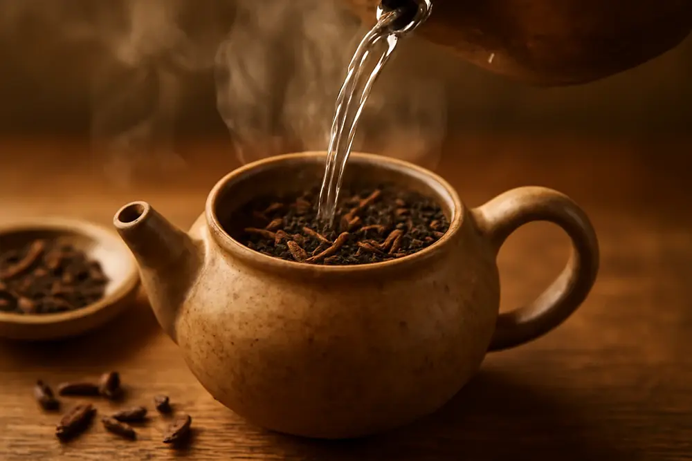 Ingredients for clove tea including cloves and tea leaves arranged on a wooden background.