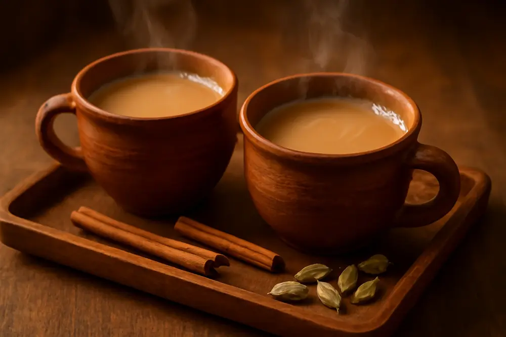 Masala Chai served in clay cups on a tray