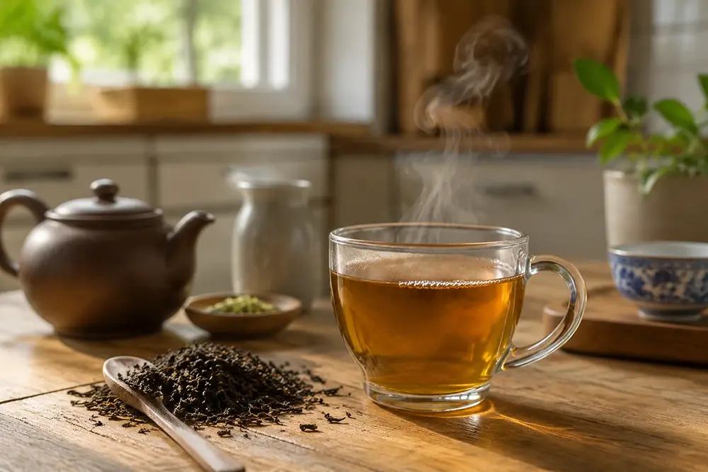 Photorealistic cup of tea on a wooden table in natural daylight with a warm traditional tea atmosphere