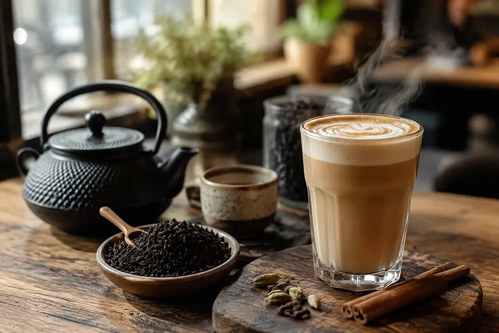 A cozy tea scene showing traditional tea leaves and a modern café-style tea drink side by side on a wooden table, symbolizing tea traditions and modern café creativity.