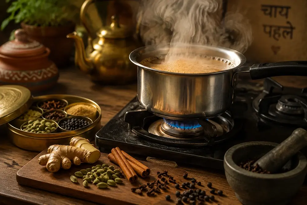 Traditional Masala Chai brewing scene