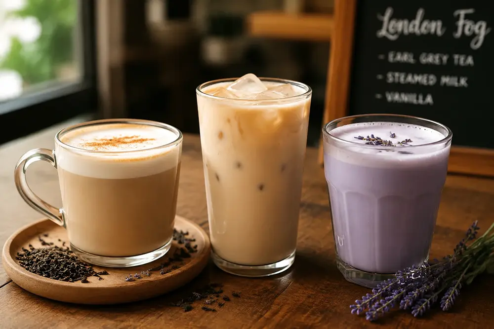 Variations of London Fog tea latte with iced, lavender and honey versions in rectangular layout