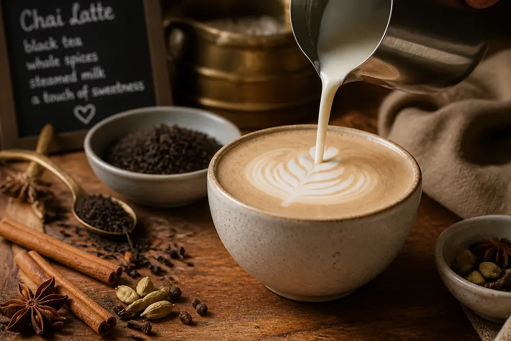 barista pouring steamed milk into a spiced chai base
