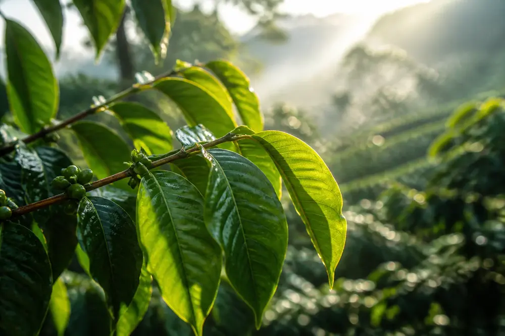 Fresh green coffee leaves growing on a coffee plant in a tropical plantation