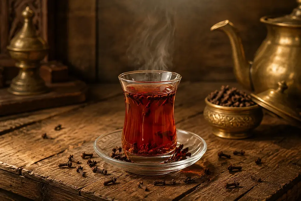 Cup of clove tea with cloves and warm spices on a rustic surface.