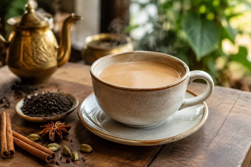 creamy black tea latte in a ceramic cup on a wooden table with tea leaves and spices in natural daylight