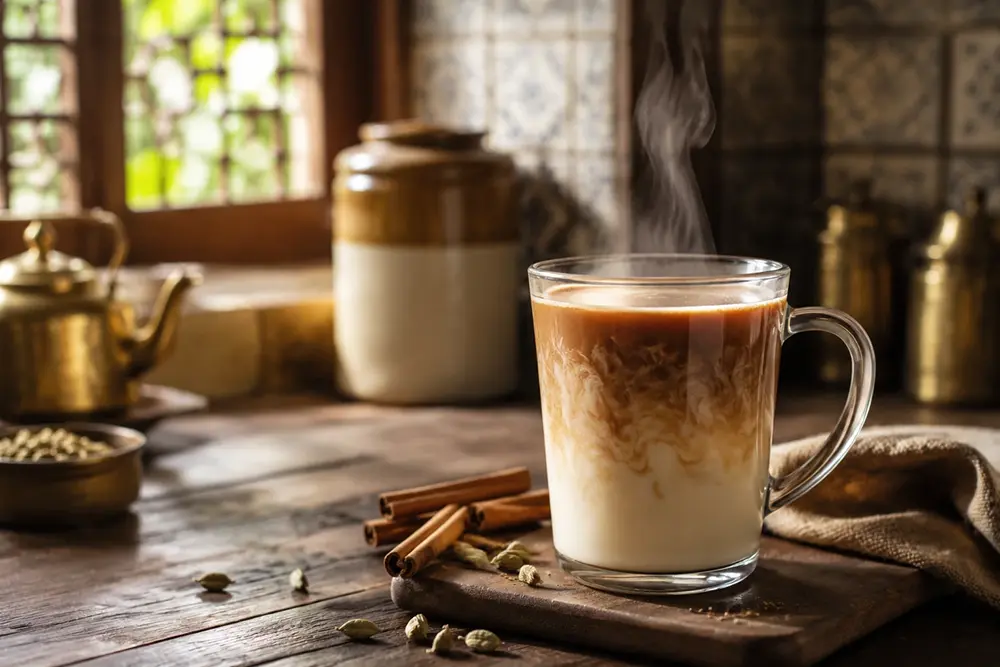 dirty chai latte with espresso swirling into spiced milk, served in a glass cup on a rustic wooden table with cinnamon and cardamom