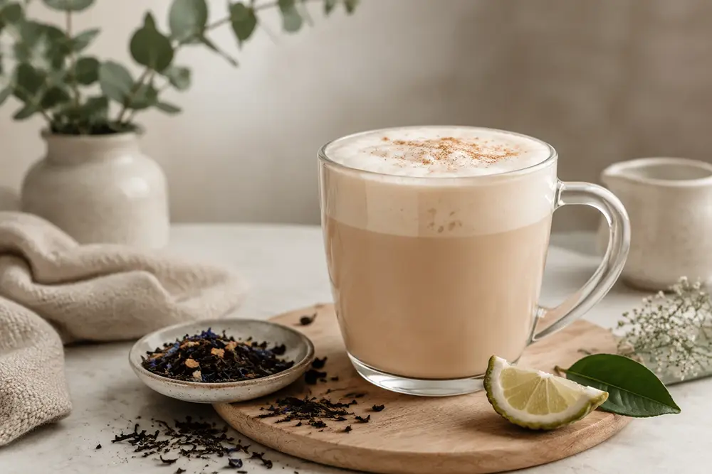London Fog tea latte made with Earl Grey tea, steamed milk and vanilla in a cozy café setting
