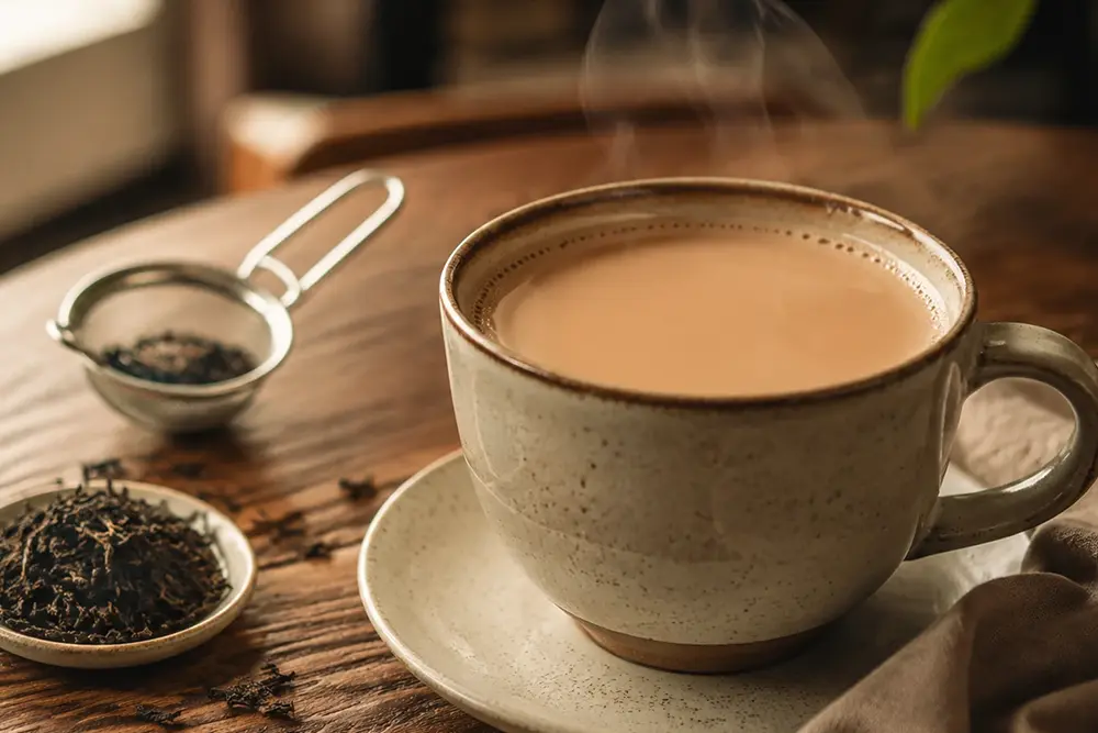 A warm black tea latte served in a ceramic cup on a wooden table, with soft natural light and a cozy café atmosphere.