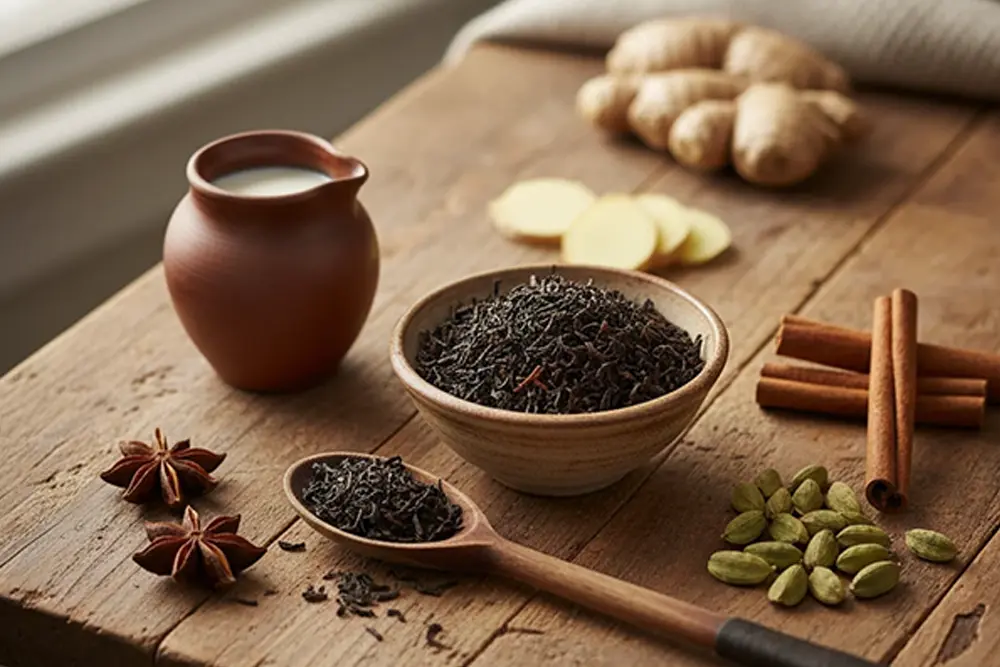 chai latte ingredients including black tea, spices, and milk arranged on a kitchen table