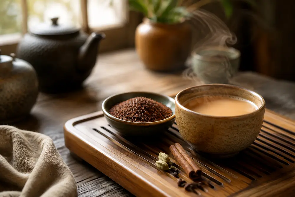 A photorealistic warm cup of rooibos chai on a wooden table with natural daylight, spices, and a calm slow living tea culture mood