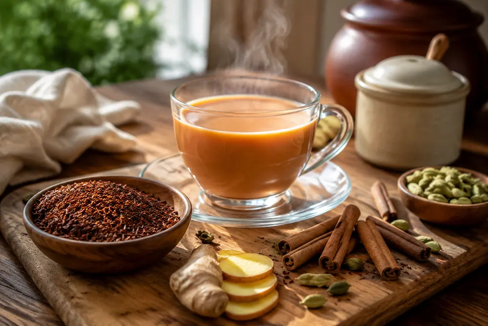 A photorealistic cup of rooibos chai on a wooden tea table with natural daylight, spices, and a warm calm tea culture atmosphere