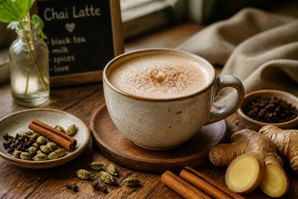 chai latte in a ceramic mug with cinnamon and cardamom