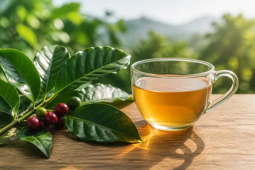 Cup of coffee leaf tea with fresh coffee leaves on a wooden table