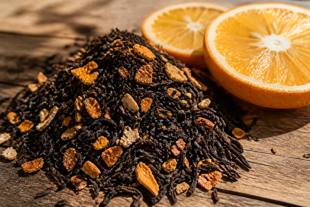 Orange-flavored black tea with dried orange peel and loose black tea leaves, served in a warm rustic style