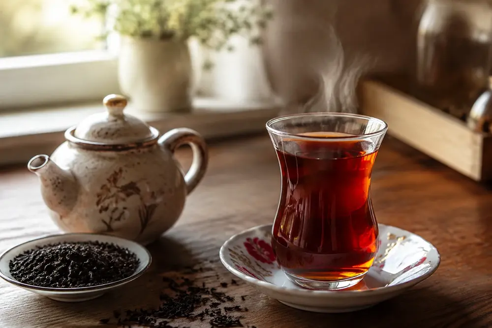 Photorealistic Lahijan black tea in a natural daylight kitchen setting