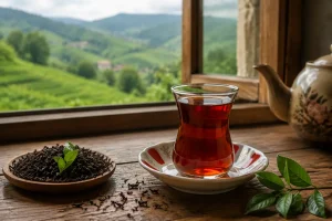 Photorealistic scene of a glass cup of dark amber black tea on a wooden table in natural daylight, with loose tea leaves and a soft view of green hills in the background, representing the tea culture of Gilan Province in northern Iran.