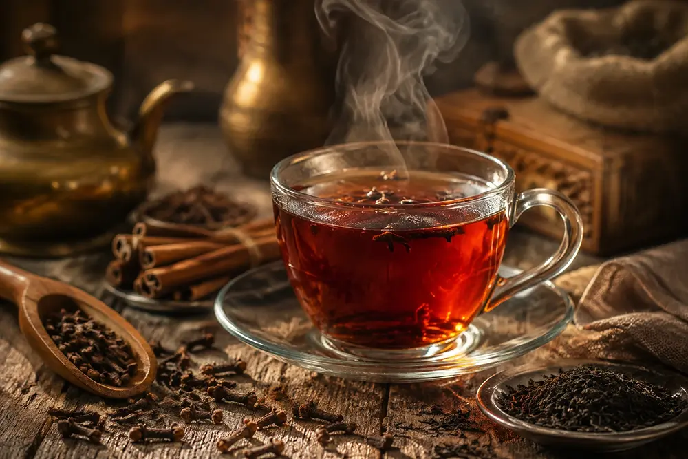 Traditional clove tea served in a glass cup with whole cloves and black tea leaves