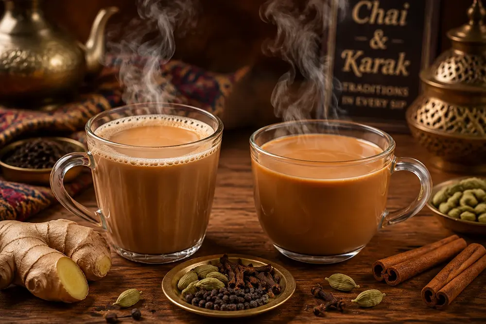 Traditional masala tea and karak tea served in glass cups with spices