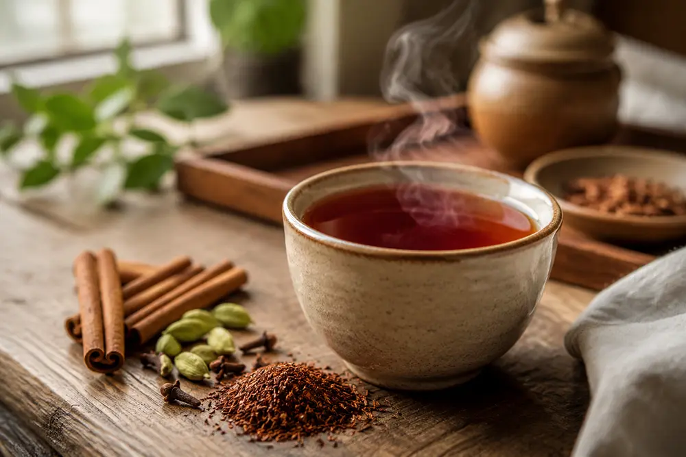 A photorealistic cup of rooibos chai on a wooden tea table with warm natural daylight, spices, and a calm traditional tea culture mood