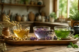 Photorealistic arrangement of chamomile tea, lavender tea, and green tea on a rustic wooden table in soft natural daylight, creating a calm and relaxing tea ritual scene.