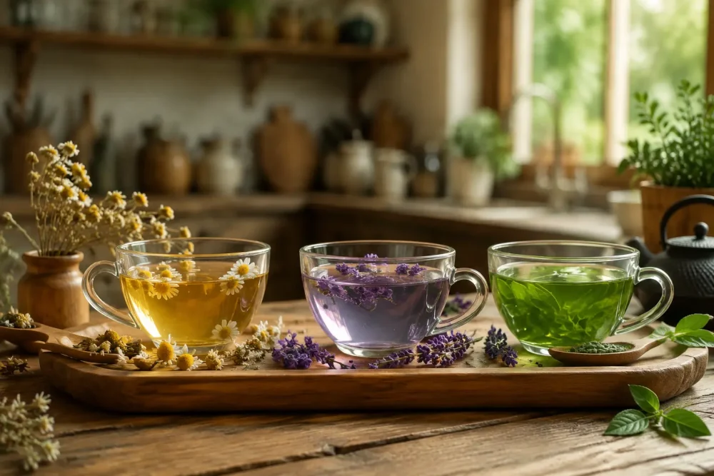Photorealistic arrangement of chamomile tea, lavender tea, and green tea on a rustic wooden table in soft natural daylight, creating a calm and relaxing tea ritual scene.